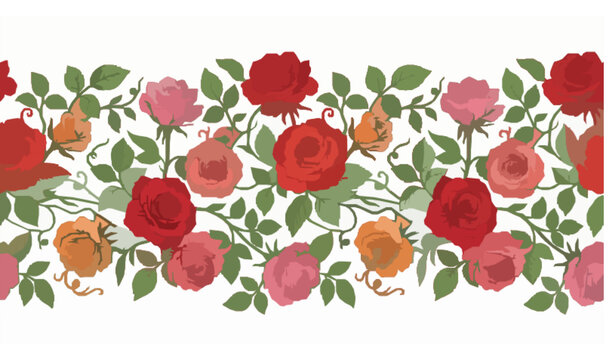 Hand Drawn Red Pink Orange Rose Floral Seamless Border with Green Leaves Vector