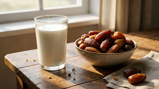 Glass of fresh white milk alongside a ceramic bowl of dried dates on a wooden table
