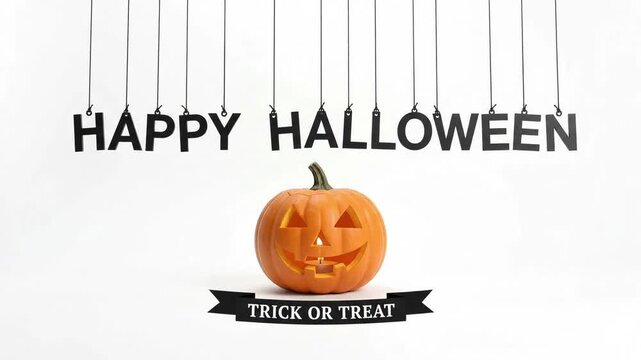 Animated hanging Happy Halloween typography with a glowing carved pumpkin and Trick or Treat banner on a clean white video background
