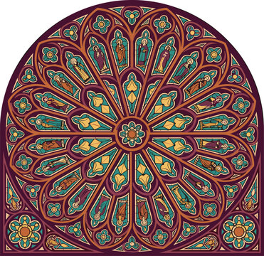 Gothic stained glass rose window vector illustration featuring religious figures and intricate floral geometric patterns