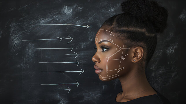 Profile view of a young African American woman with geometric face mapping and directional arrows on a dark chalkboard background