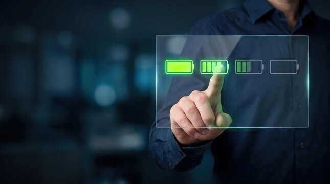 Businessman touching digital battery level indicator screen on futuristic interface, renewable energy management and modern power technology concept.