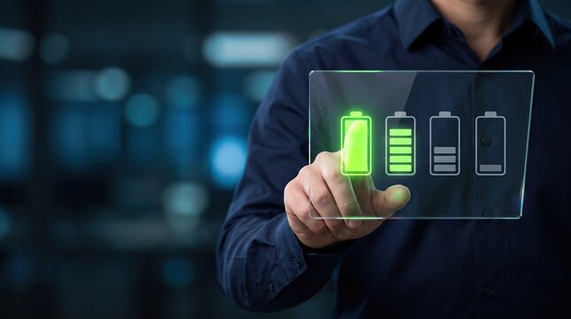 Businessman touching digital screen interface with glowing battery level icons, futuristic energy management and power technology concept in modern office.