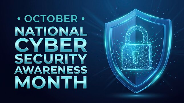 October national cyber security awareness month text with glowing digital shield and padlock on blue background, information technology data protection concept.