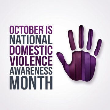 Purple hand shape symbol with text october is national domestic violence awareness month on white background, social campaign and charity support concept.