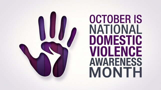 Purple hand silhouette symbol with text stating october is national domestic violence awareness month, social campaign and support concept on white background.