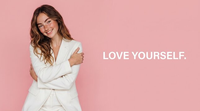 Young smiling woman hugging herself with text love yourself on pink background, self care and mental health awareness concept.