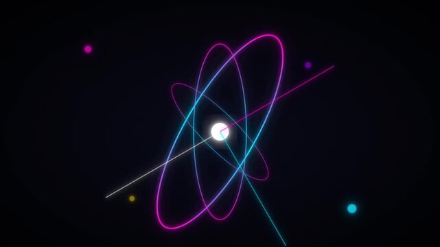 Neon atom model science illustration. Glowing orbital rings and nucleus on dark background. Physics and chemistry concept for educational presentations and futuristic technology design.