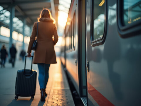 Passenger Boarding Modern Train. Traveler with Suitcase at Train Door. Train Boarding Journey. Passenger Entering Railway Carriage. Modern Railway Travel. Traveler with Luggage