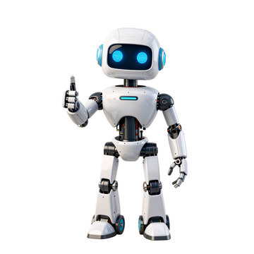 Cute robot with blue eyes gives a thumbs up on a white background