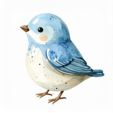 Watercolor painting of small bird, soft blue and cream tones, isolated on white background.