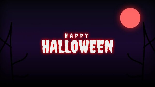 Halloween typography glowing brightly against a dark sky with a full moon and bare trees.