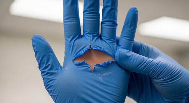 Closeup of torn latex glove showing hand with missing area under blue medical glove. Torn latex glove displays damage and potential hazards, emphasizing importance of safety in medical settings.
