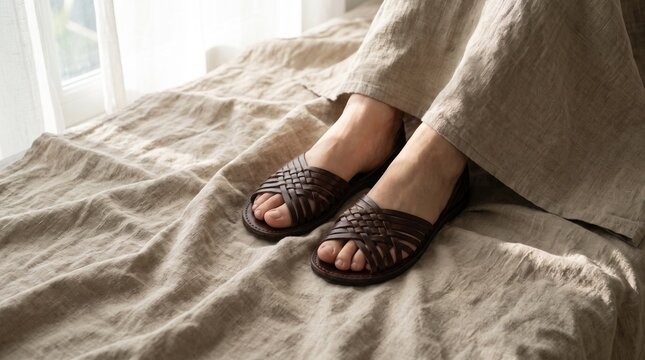Macro photo of feet in sandals on linen 2k 20260919105714 showing abstract micro structural details and textures with professional studio lighting