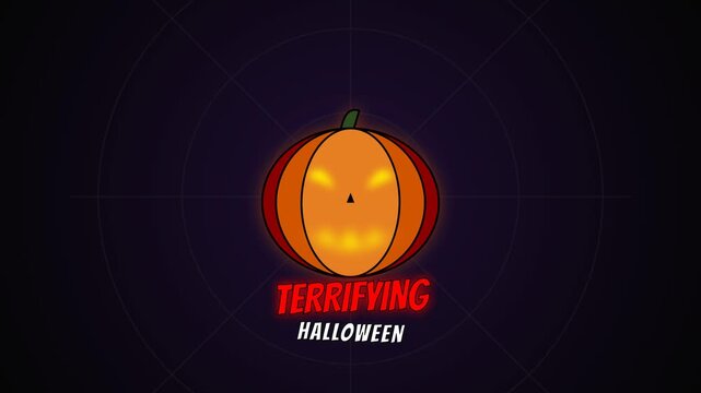Pumpkin graphic illustration featuring a carved jack-o-lantern face and text elements against a dark background.