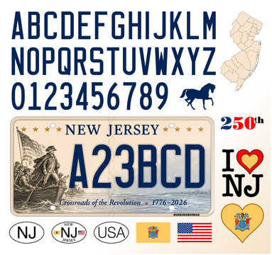 New Jersey car license plate pattern 250th, letters, numbers and symbols, illustration, USA