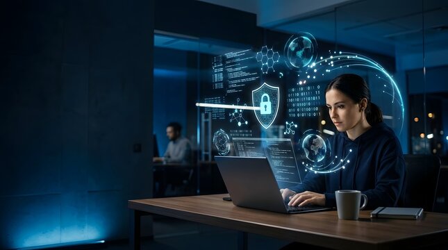 Woman working on laptop with glowing cyber security shield interface