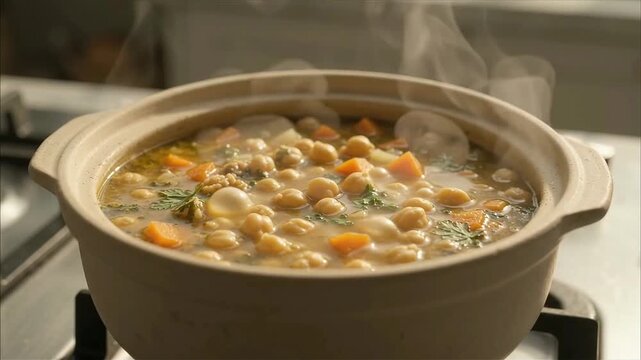 Soup simmering gently in a pot on a kitchen stove