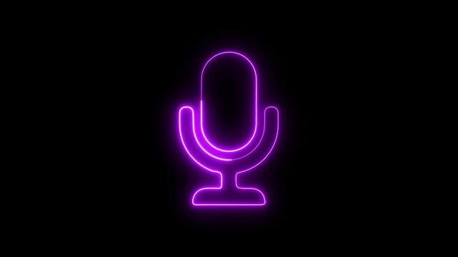 Neon purple microphone glowing on black background, for podcast and, audio branding