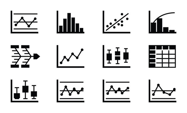 12 Data Charts and Graphs Icons, Silhouette, for Business Analytics
