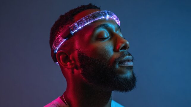 Focused man in rim lighting. Profile view of man with vibrant headgear and ambient lighting. Portrait of individual wearing luminous headband amidst atmospheric blue and magenta illumination