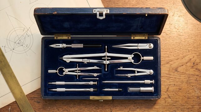 Vintage drafting tool set in velvet case, antique drawing instruments for architecture, professional engineering compass kit on wooden desk
