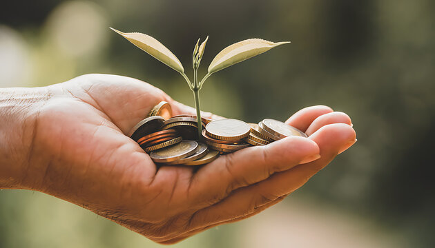 Close Up of Hand Holding Coins with Growing Seedling