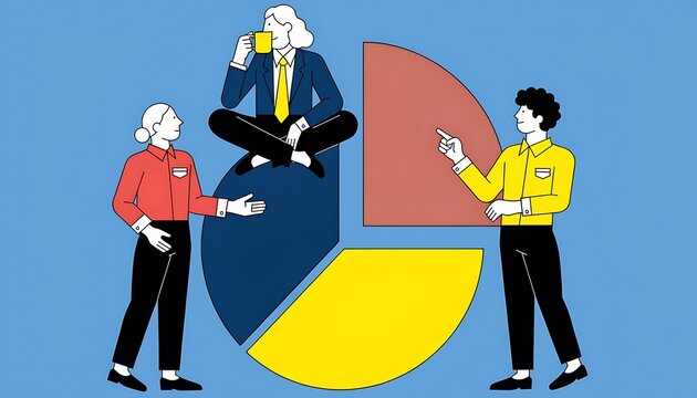 Three business professionals analyzing a colorful pie chart in a modern office setting with clean copy space