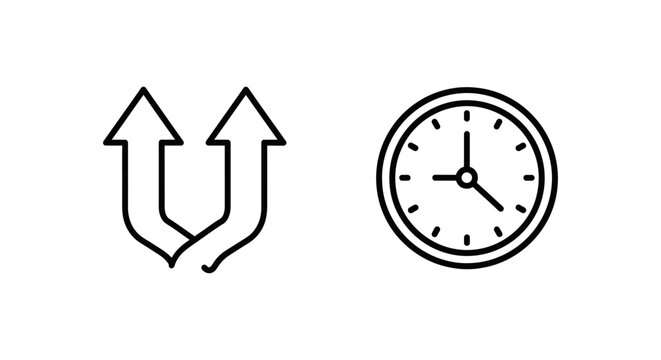 Set of minimalist linear icons representing simultaneous arrows and a circular clock face with simultaneous minimalist abstract collection business planning management schedule