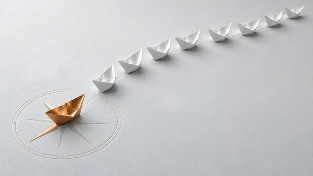 Finding the right strategic direction with a golden paper boat leader resting on a compass guiding a continuous line of followers