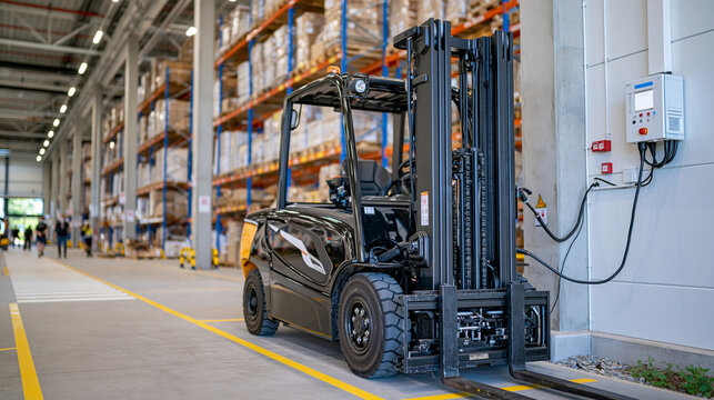 Black electric forklift parked in a spotless modern warehouse beside a wall-mounted fast charging system, charging cable securely attached, organized pallet storage in background, clearly marked ped