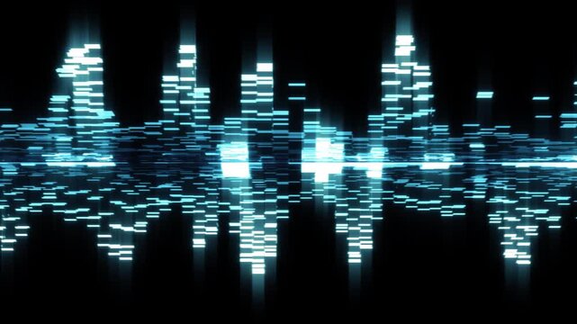 Futuristic electronic music frequency graph with binary data visualization, rhythmic LED light bars reflecting on dark surface, AI voice waveform animation