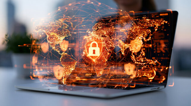 Bright Digital Network Interface With Translucent Floating Panels Displaying A Data Protection Alert, Soft Amber Security Badges, Thin Connecting Lines And Glowing Nodes forming a sophisticated glob