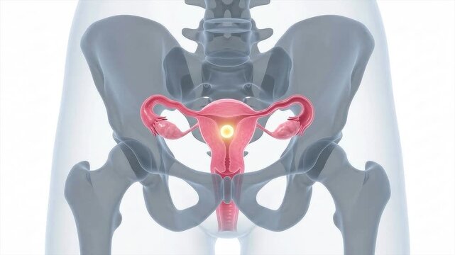 3D visualization of tubal ligation sterilization, showing both fallopian tubes cut and clamped with glowing orange highlights indicating blocked pathways.