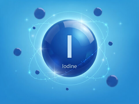 Blue sphere representing an iodine atom with orbital electrons on a glowing light blue background