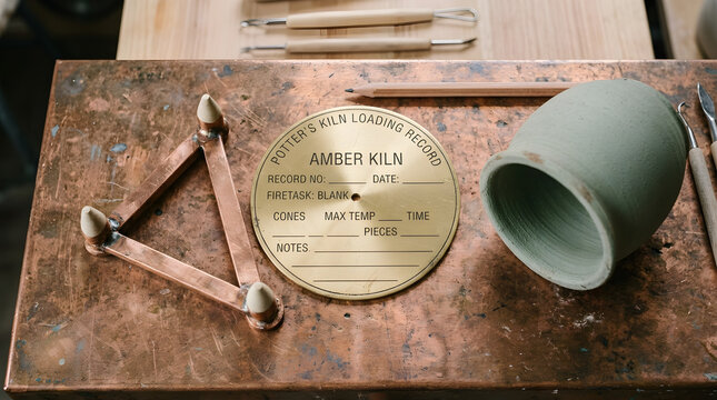 Macro Overhead Blank Amber Potter Kiln Loading Record on Copper Shelf Stilt with Sage Bisque Vessel