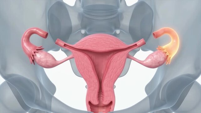 3D medical animation of healthy female reproductive system featuring translucent pelvic bone silhouette and glowing ovaries preparing for ovulation.