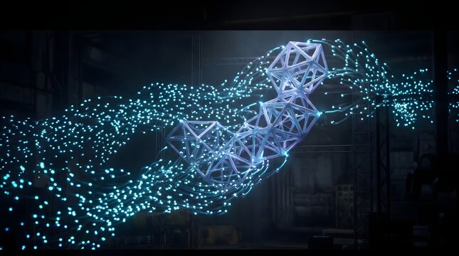 Futuristic digital data visualization with glowing blue particles, abstract geometric wireframe structure, high-tech information flow in dark space