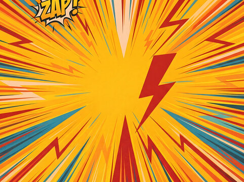 Comic book style background with yellow speed lines and a red lightning bolt graphic element
