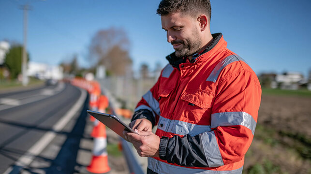 Highway maintenance worker checking construction plans on a tablet beside orange traffic cones and a temporary safety barrier, rural road surrounded by fields, professional work zone management, roa
