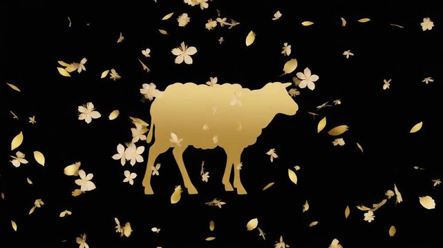 金の羊と桜の花びら 2027春の予感 黒背景ループ動画