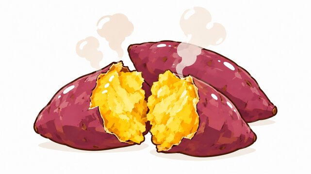 熱々の湯気が立ち上るホクホクとした焼き芋の断面イラスト