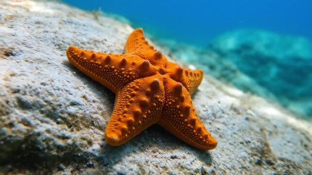 Vibrant Orange Starfish Resting on an Underwater Rock in Crystal Clear Blue Sea Water with Sunlight Ripple Patterns