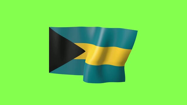 Bahamas Flag Waving on Green Screen. Bahamian National Flag With Aquamarine and Gold Stripes and Black Triangle Fluttering in the Wind. Chroma Key Animation