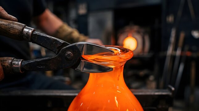 Artisan glassblowing process with glowing molten glass, professional glassblower shaping hot orange glass with metal shears, traditional glass studio workshop