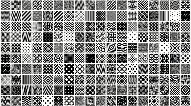 Collection of various black and white seamless geometric patterns in a grid layout.