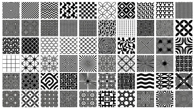 Set of sixty different black and white geometric seamless patterns.