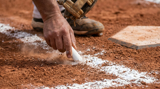 A baseball player's hand using white chalk to draw the baseline on a red clay infield next to home plate