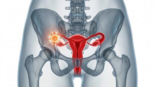 3D medical illustration of a glowing, inflamed fallopian tube and ovary, representing pelvic inflammatory disease PID or severe reproductive infection.