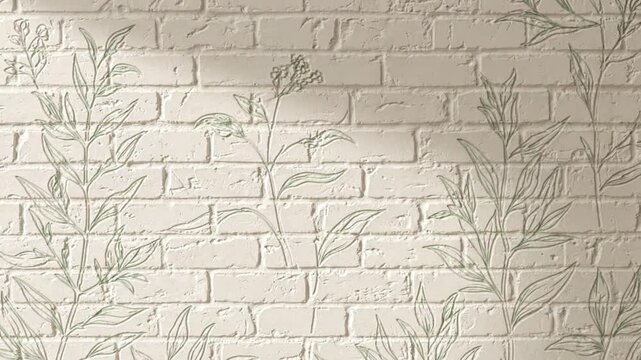 White brick wall background featuring subtle animated green floral line art sketches with soft gentle light motion video clip effects